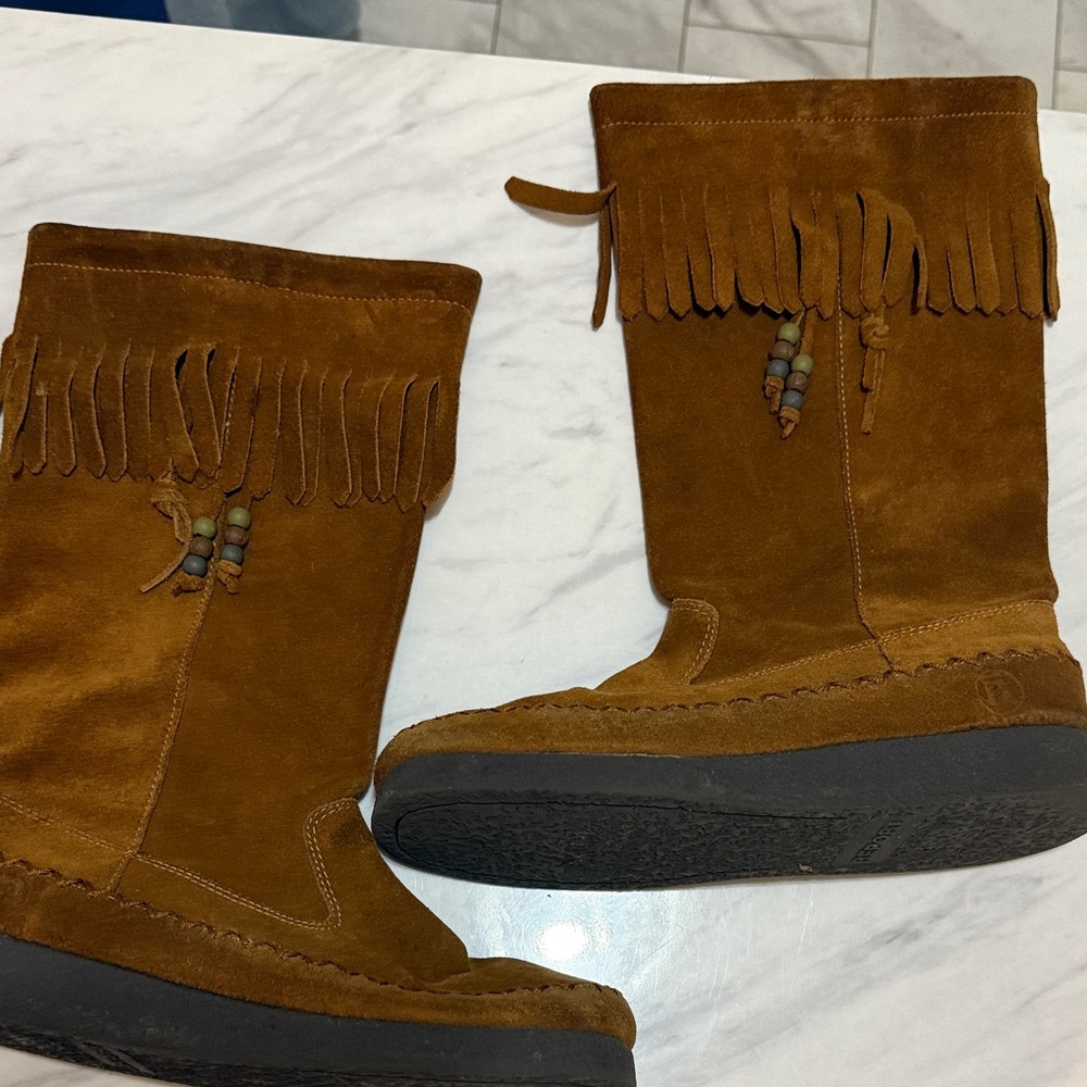 Report Dubais Fringe Suede Boots - Tan Leather Size 8 Boho Southwestern
